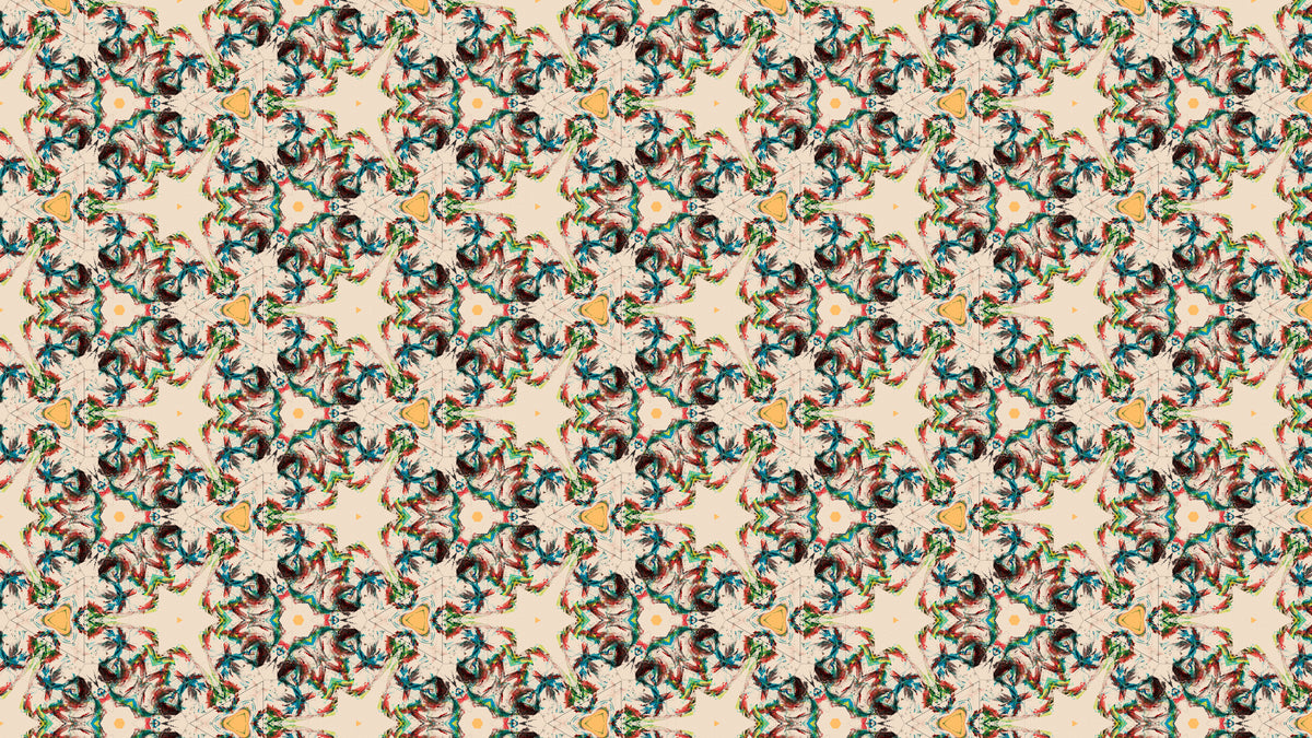 A seamless repeating pattern featuring a symmetrical, kaleidoscopic design with floral and scroll motifs in teal, rust, gold, and black on a textured beige background.
