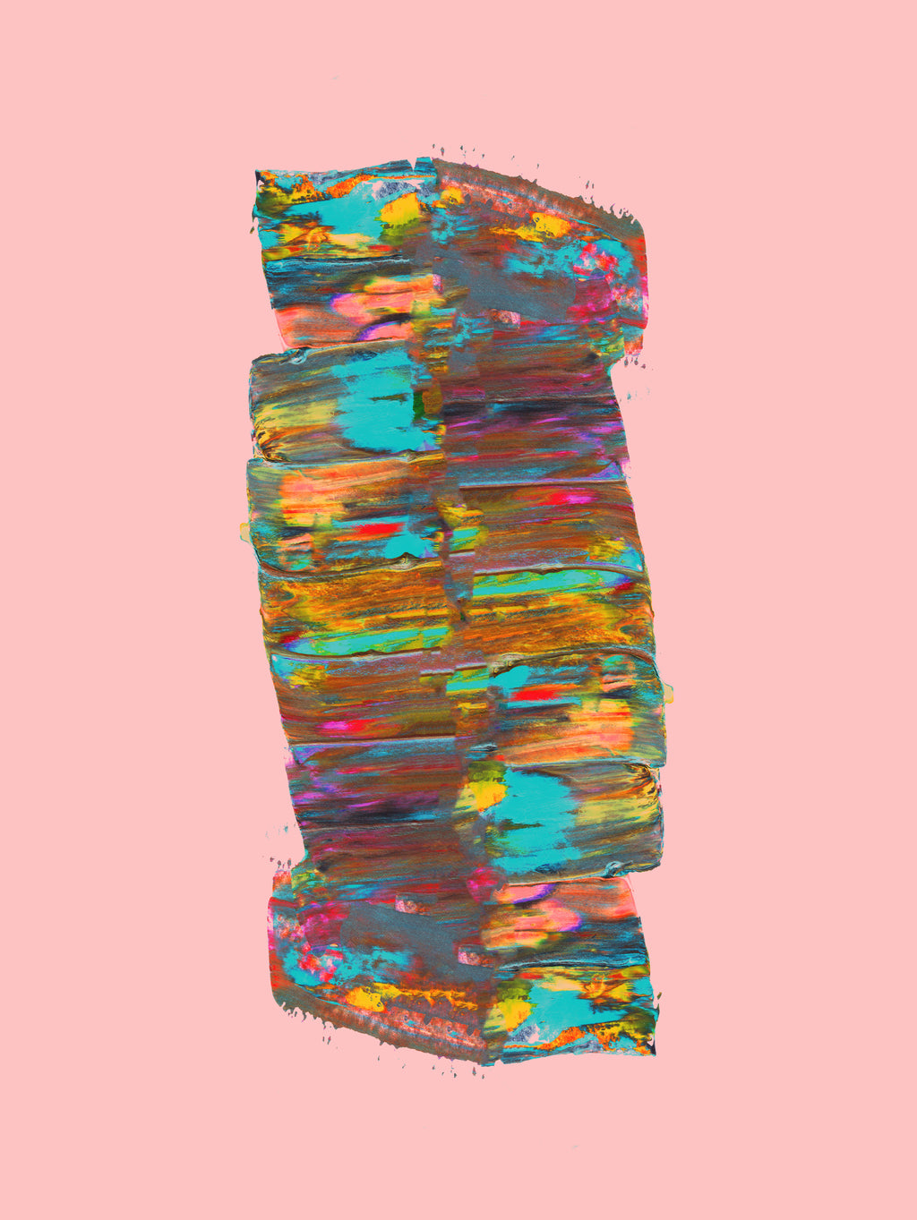 An abstract rectangular artwork featuring layered horizontal brushstrokes in turquoise, teal, orange, yellow, pink, and brown on a solid light pink background.