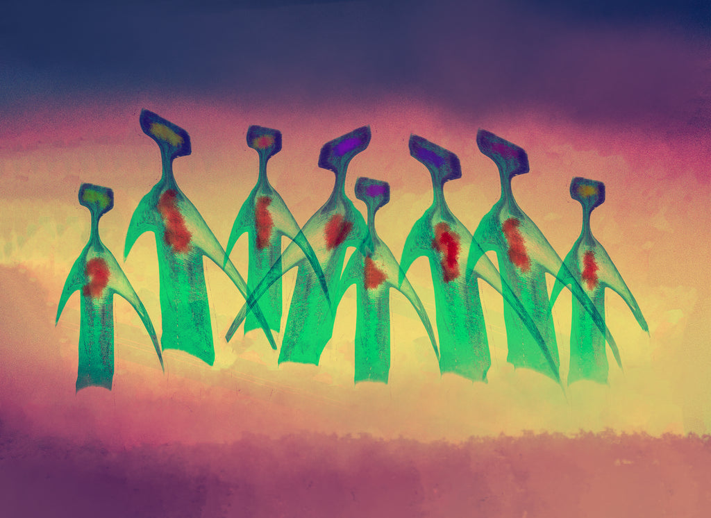 Abstract digital artwork depicting a row of stylized green figures with red accents against a colorful gradient background of purple, pink, and yellow.