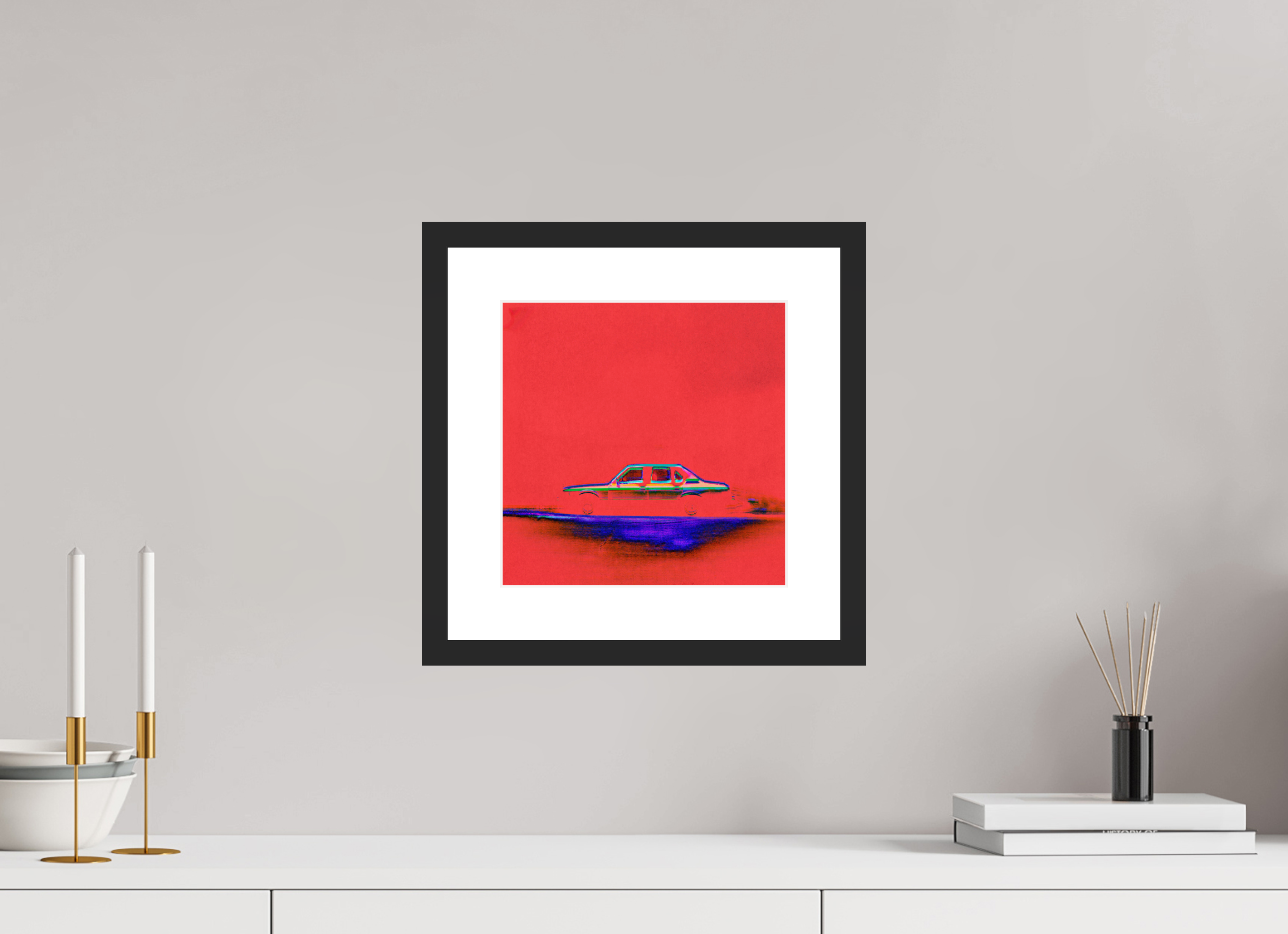 10 x 10″, Fuji Crystal Archive Print Framed (Black) red car
