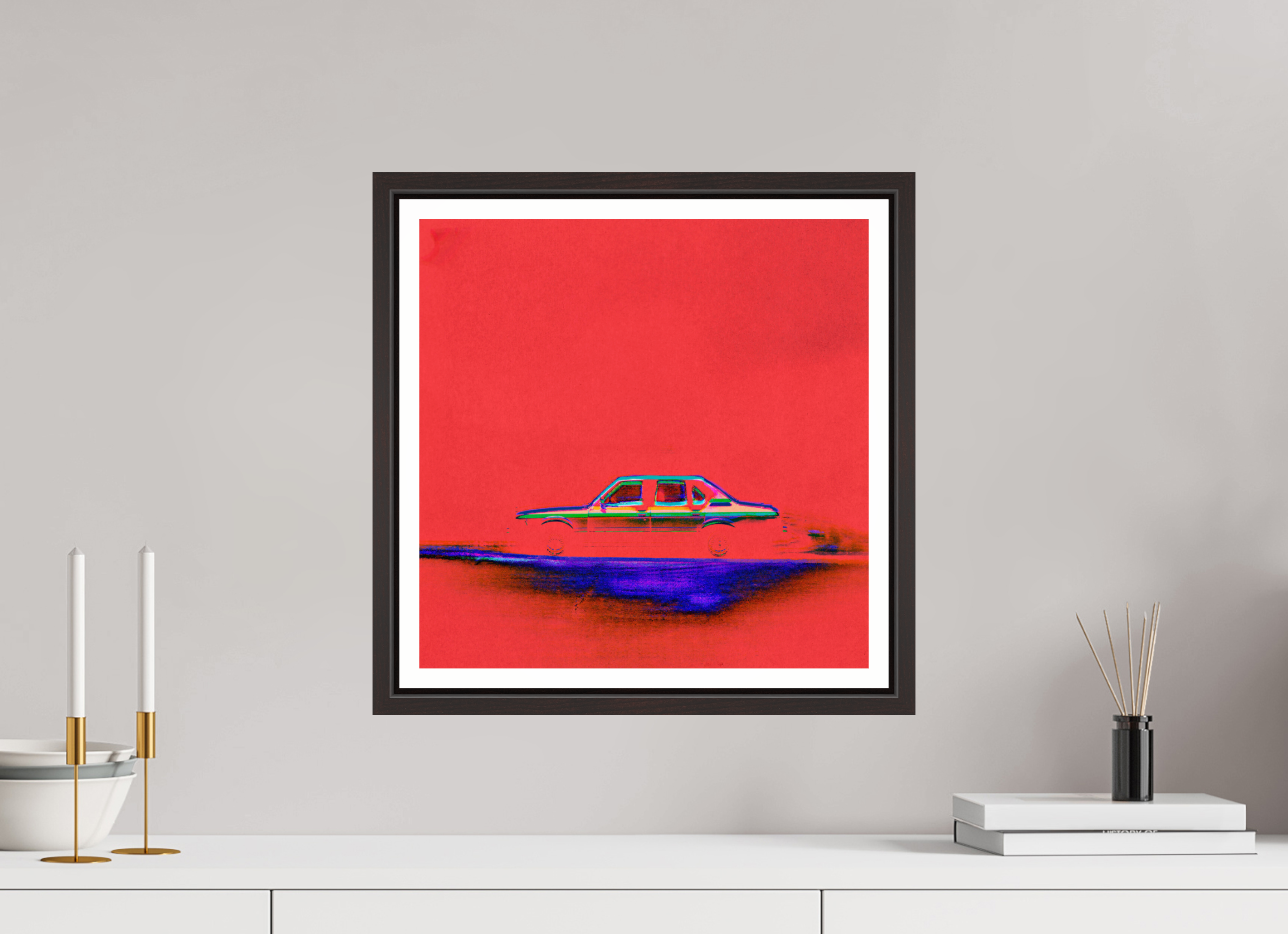 15 x 15″, Floater Frame (Alder Brown) red car