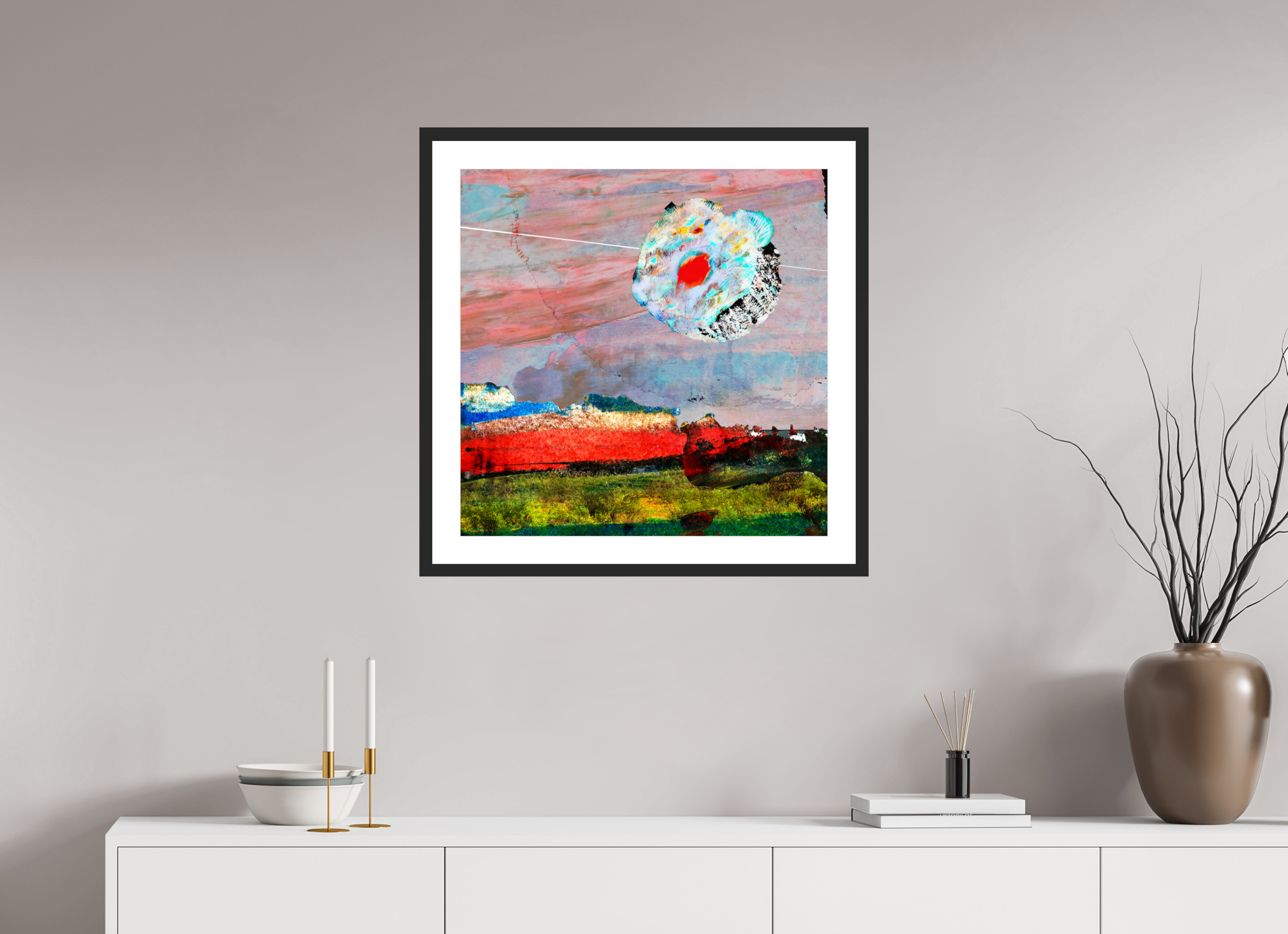 25 x 25″, Framed #1 moon spaghetti