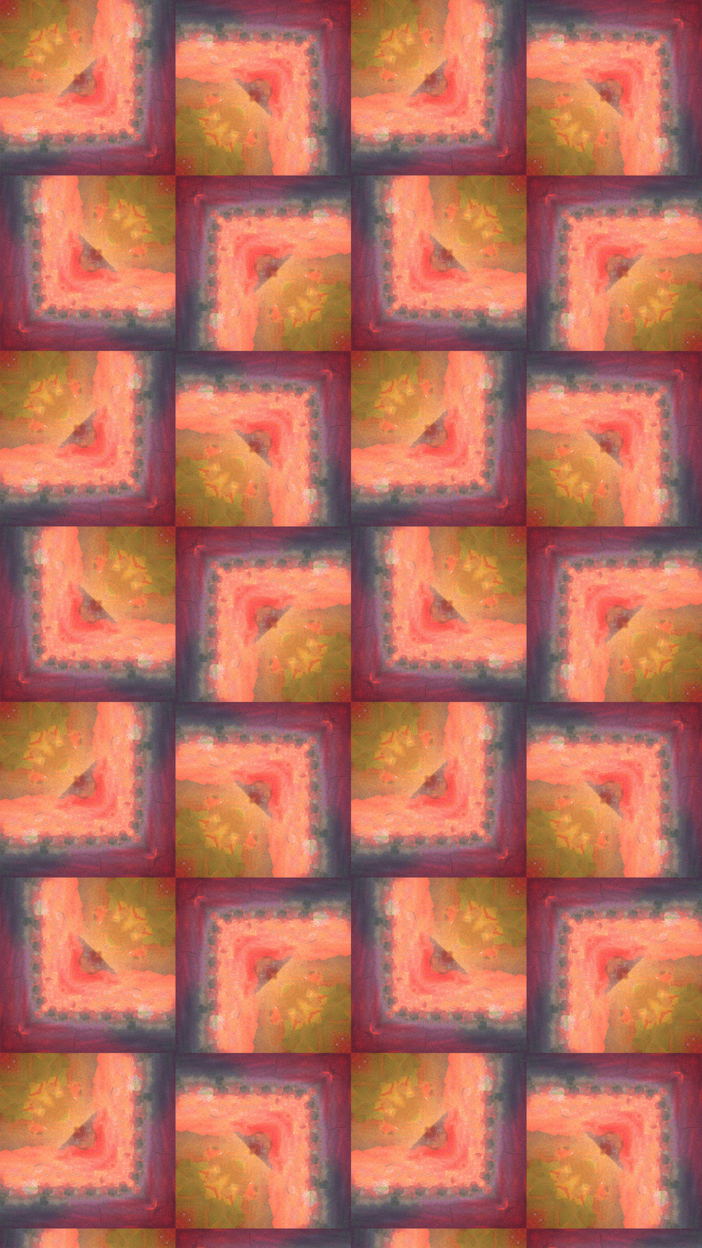 A seamless repeating pattern featuring a grid of square tiles with abstract, textured concentric designs in shades of coral pink, olive green, mustard yellow, and dark purple.