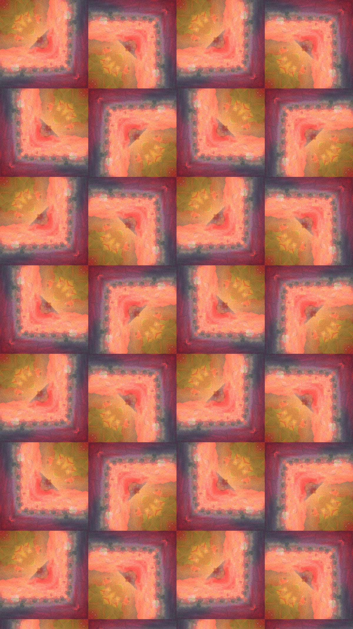 A seamless repeating pattern featuring a grid of square tiles with abstract, textured concentric designs in shades of coral pink, olive green, mustard yellow, and dark purple.