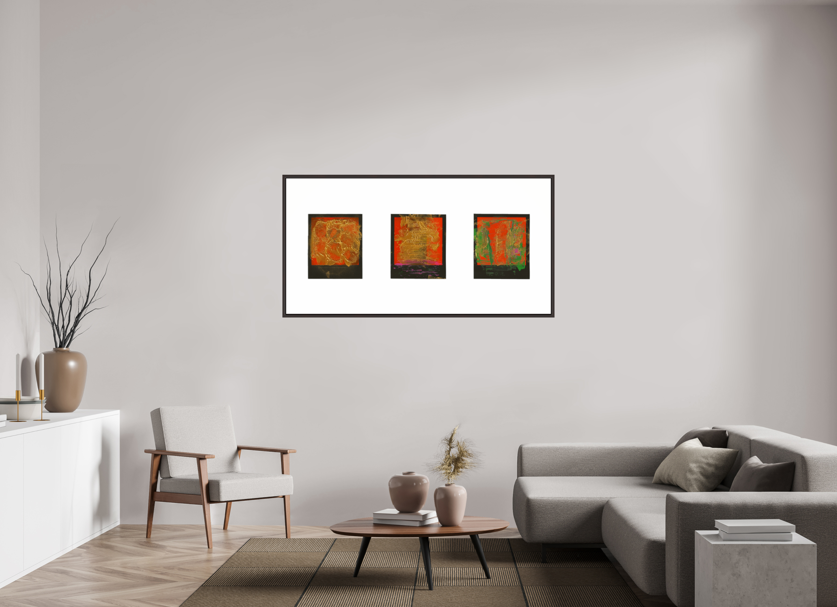 62 x 31″, Floater Frame (Alder Brown) Polaroids