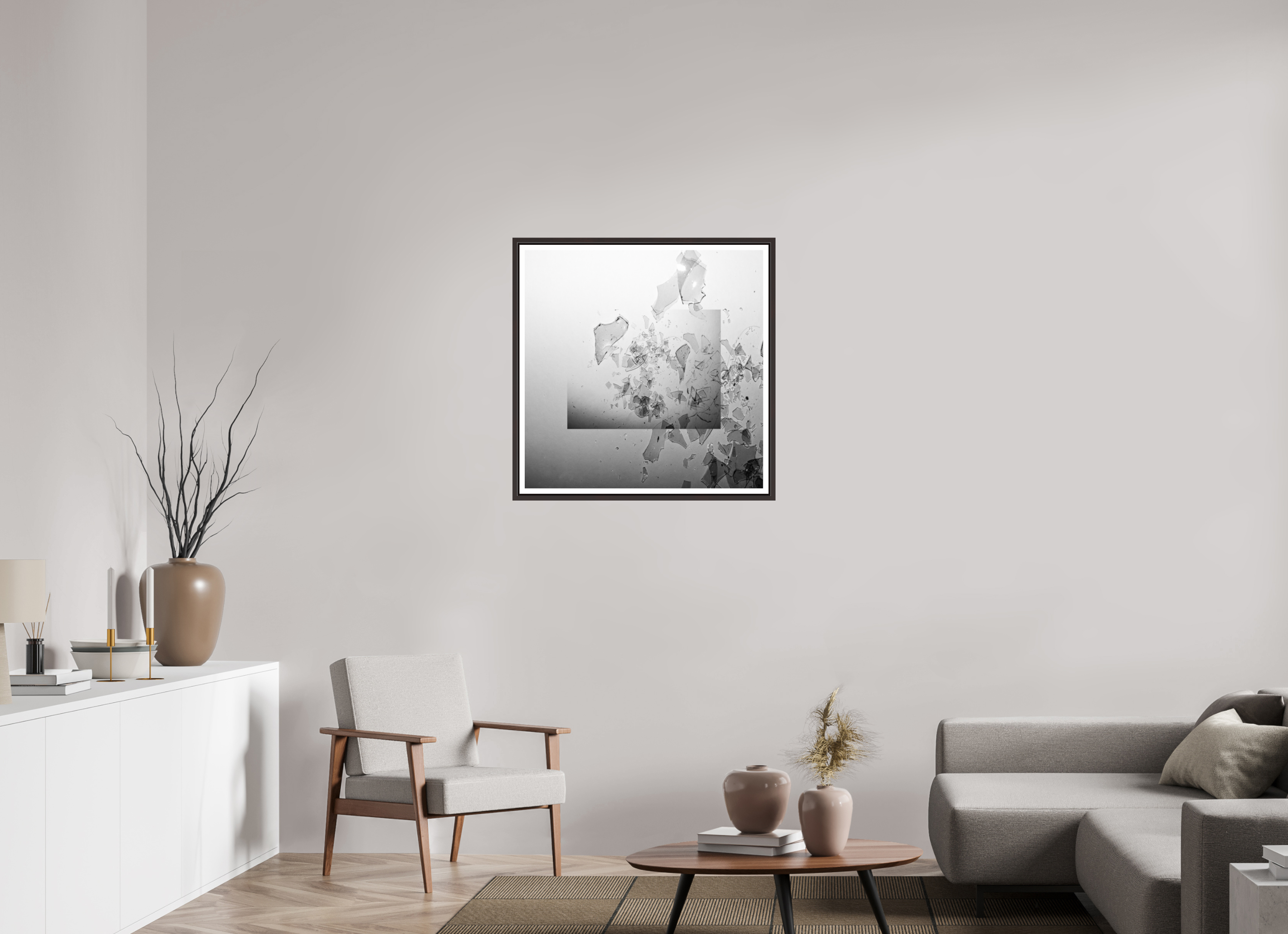 30 x 30″, Floater Frame (Alder Brown) Glass Houses