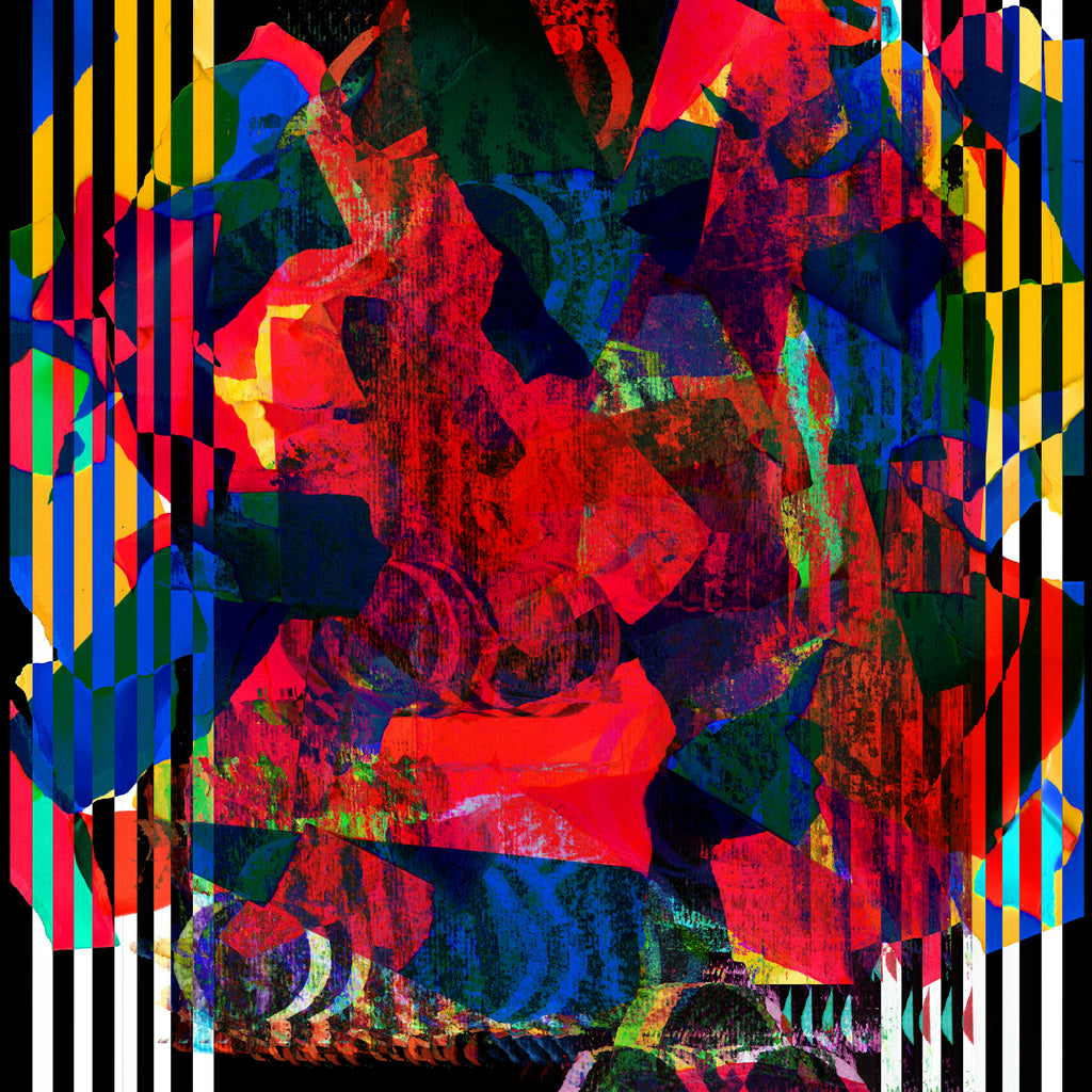 A highly abstract, colorful digital artwork composed of overlapping geometric shapes, stripes, and glitch-like textures in red, blue, green, yellow, black, and white.