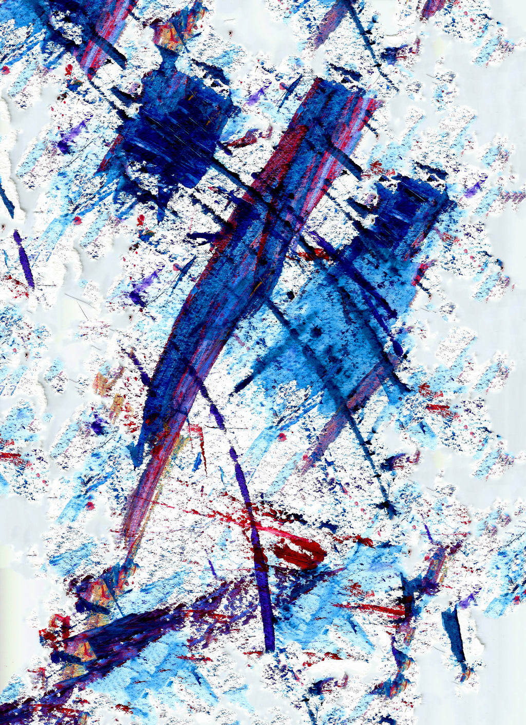 Abstract painting with expressive blue, red, and purple brushstrokes and splatters on a white background.