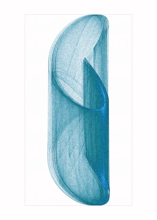 A translucent blue abstract curved panel or decorative sheet with layered, flowing edges, centered on a white background.