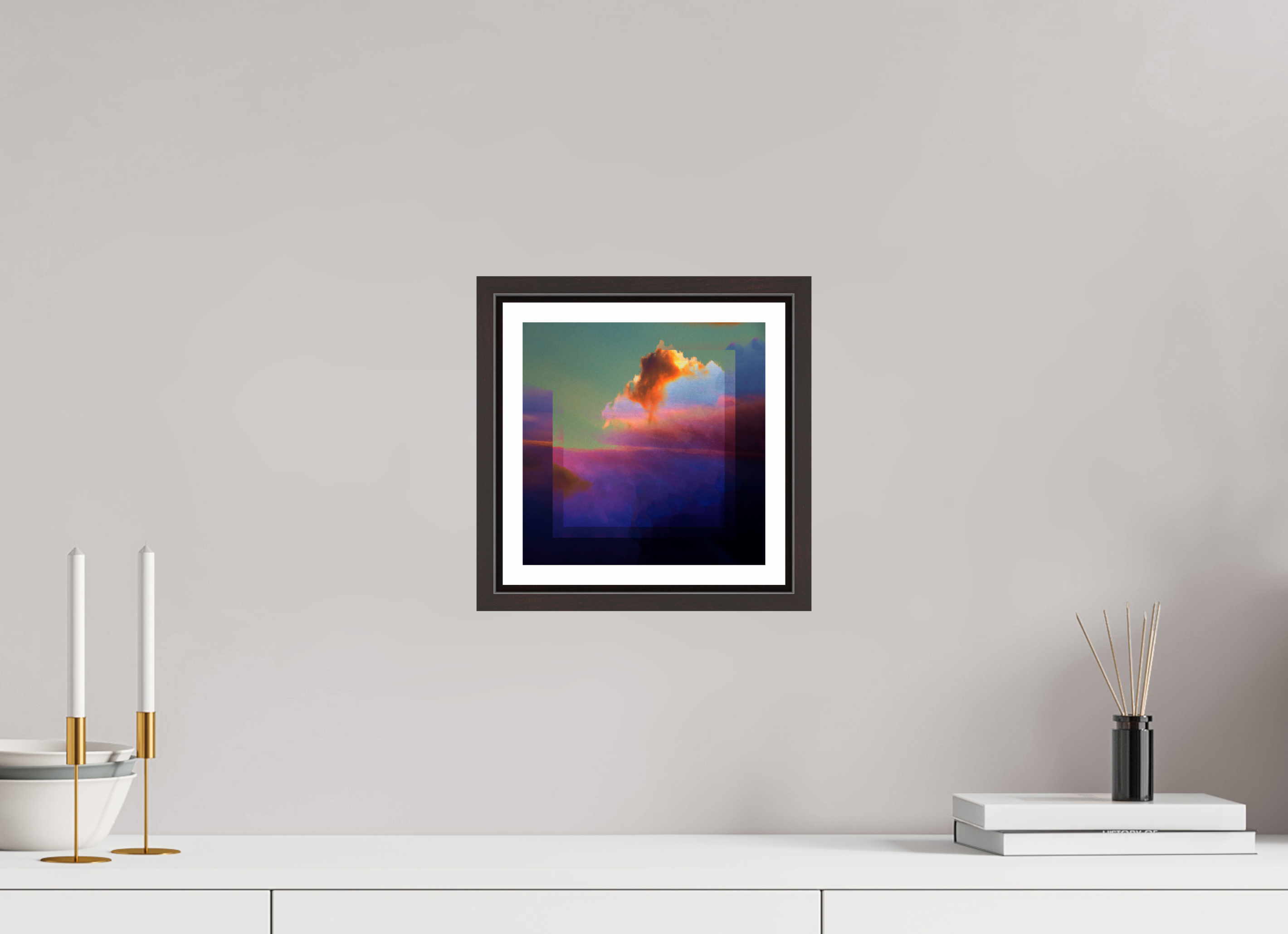 8 x 8″, Floater Frame (Alder Brown) Lofi Clouds
