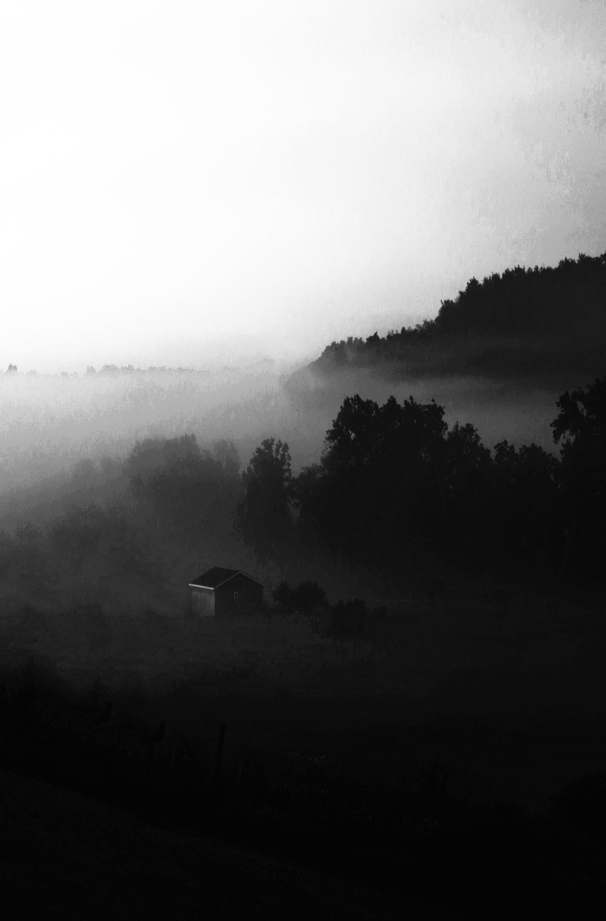 Black and white landscape photograph of a misty valley with silhouetted trees, a small building, and a hazy sky.