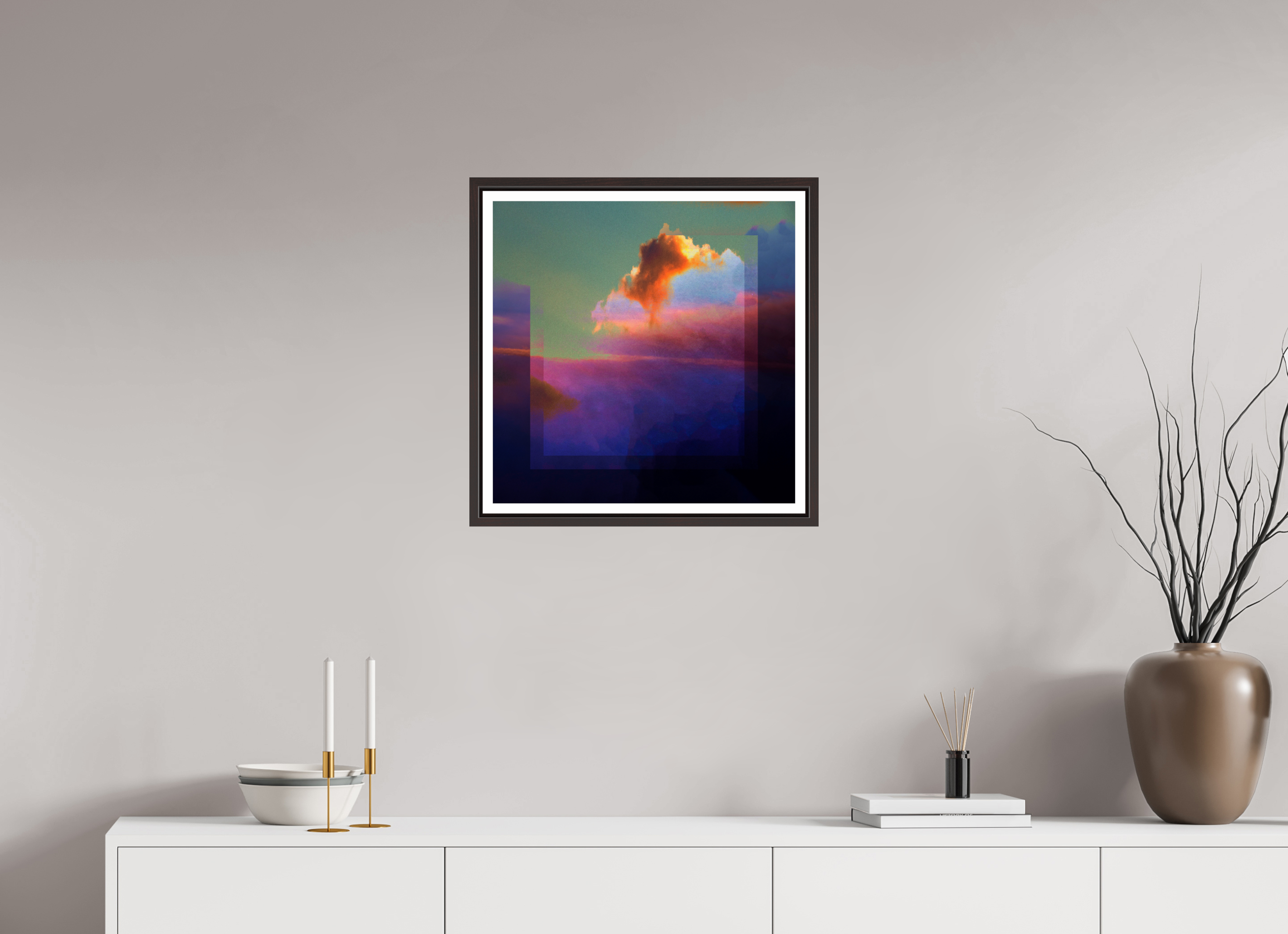 20 x 20″, Floater Frame (Alder Brown) Lofi Clouds