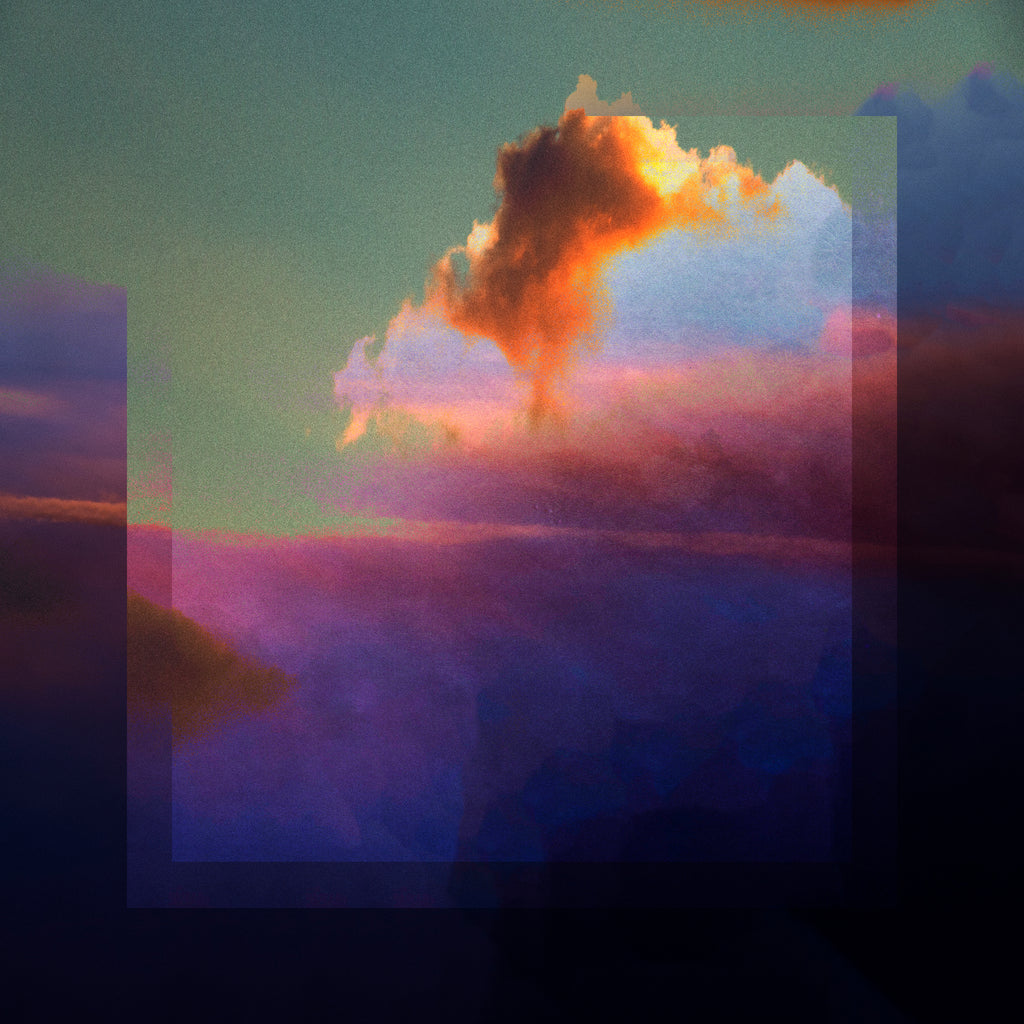 Abstract landscape art print featuring a dramatic sunset sky with a glowing orange and yellow cloud over purple and blue clouds, framed by a translucent square overlay.