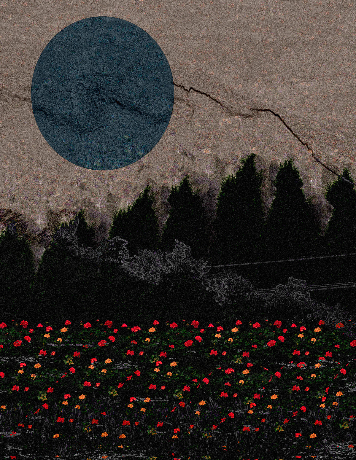 An abstract landscape-style artwork showing a large dark blue oval against a textured tan background, with a row of black tree silhouettes and a field of small red, orange, and yellow flowers along the bottom.