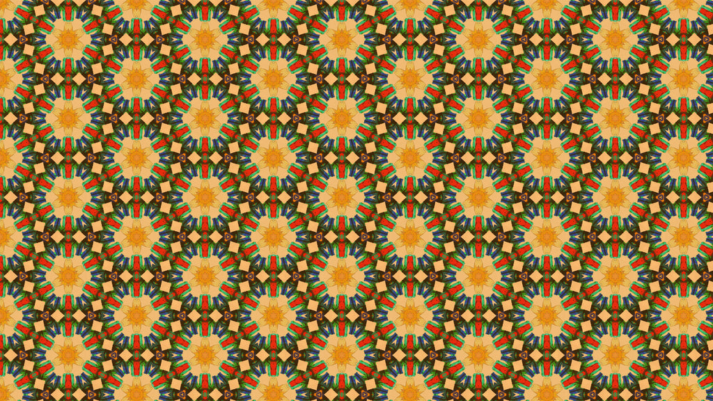 A seamless geometric pattern featuring repeating circular medallions in orange, yellow, green, red, and brown.
