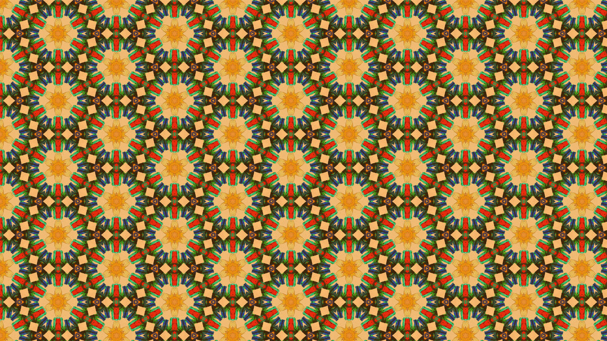 A seamless geometric pattern featuring repeating circular medallions in orange, yellow, green, red, and brown.