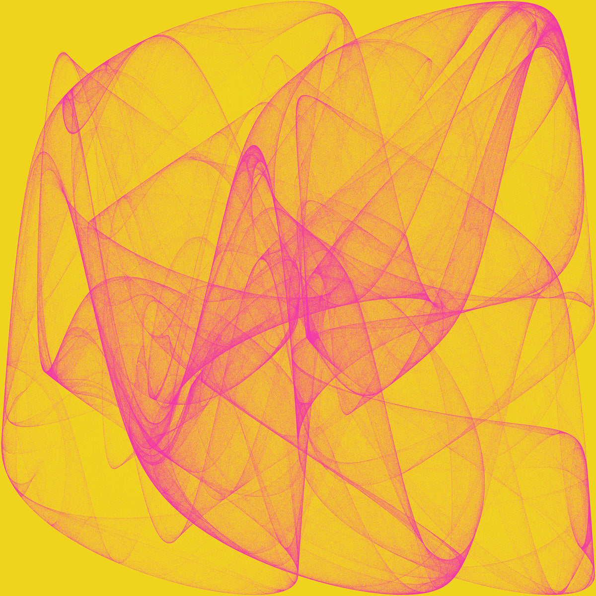Abstract digital artwork featuring a vibrant yellow background overlaid with layered, translucent magenta and pink geometric patterns and flowing lines.