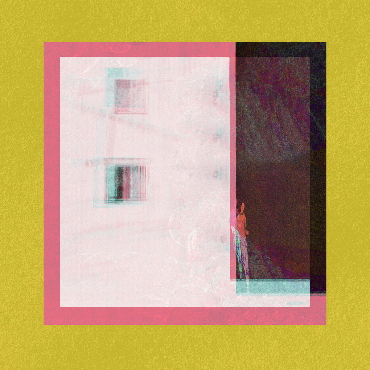 Abstract square artwork with layered geometric panels: a large pale pink rectangle with faint window-like lines, a dark brown vertical panel, and a bright yellow border surrounding the composition.