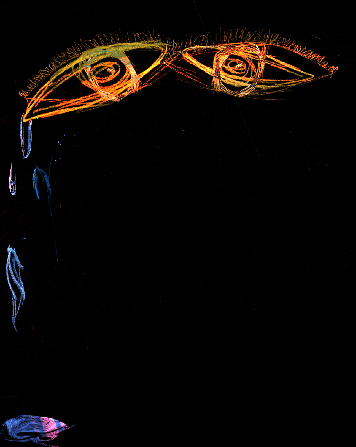 Abstract black art print featuring two stylized, glowing orange and yellow eyes with blue and pink teardrop-like drips on a black background.