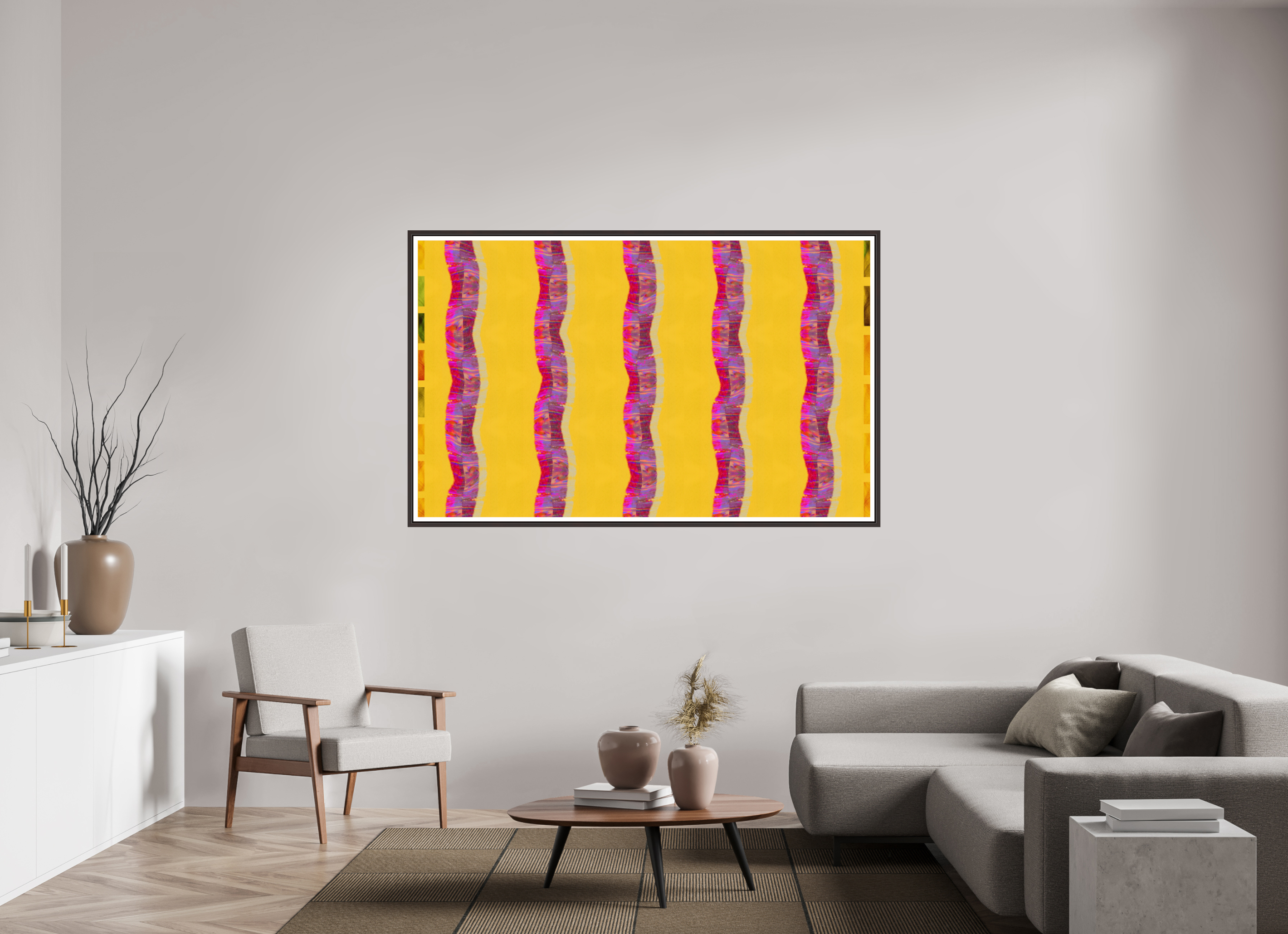 70.4 x 43″, Floater Frame (Alder Brown) Purple Waves