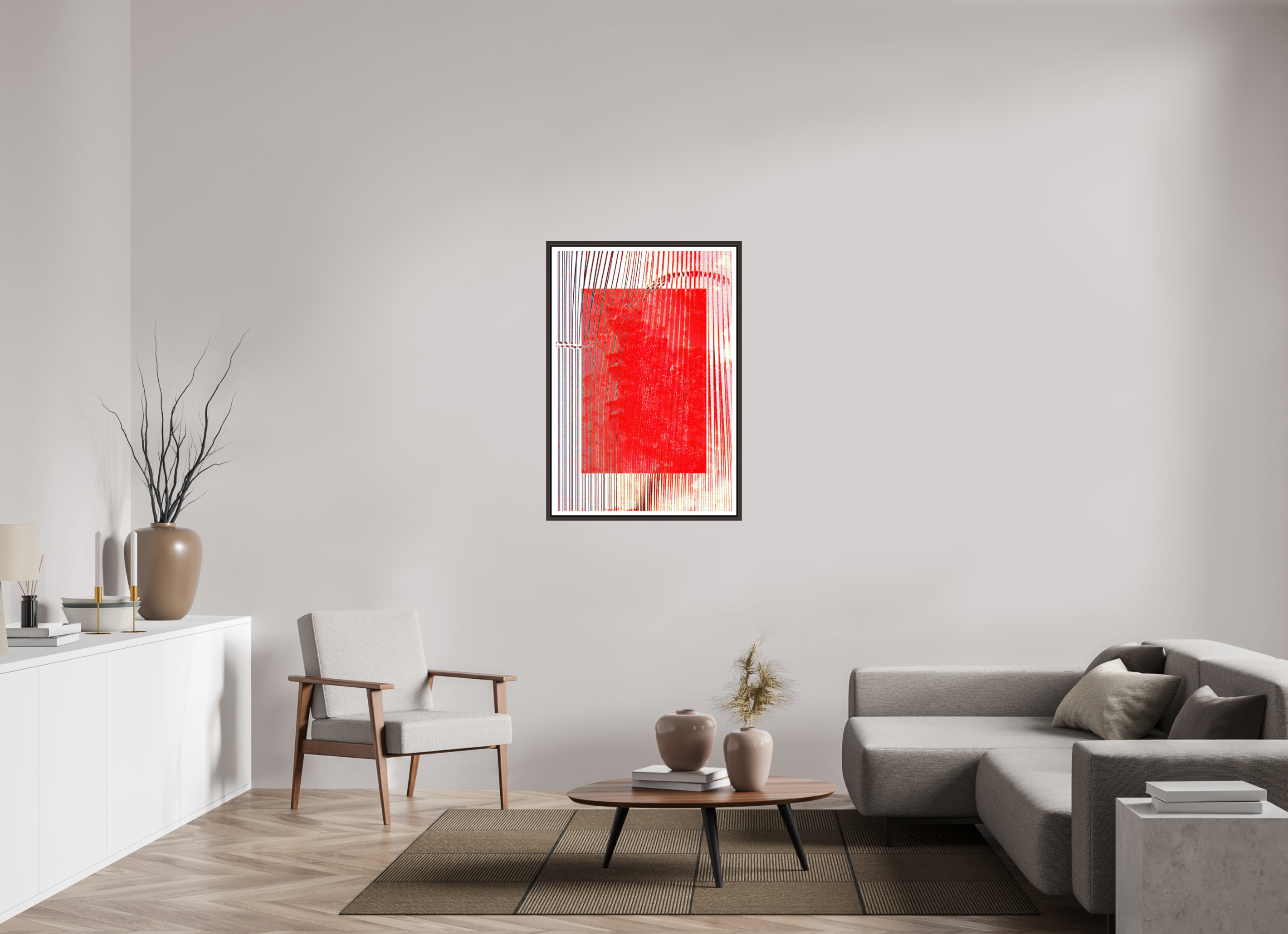 28 x 41.5″, Floater Frame (Alder Brown) Red Waves