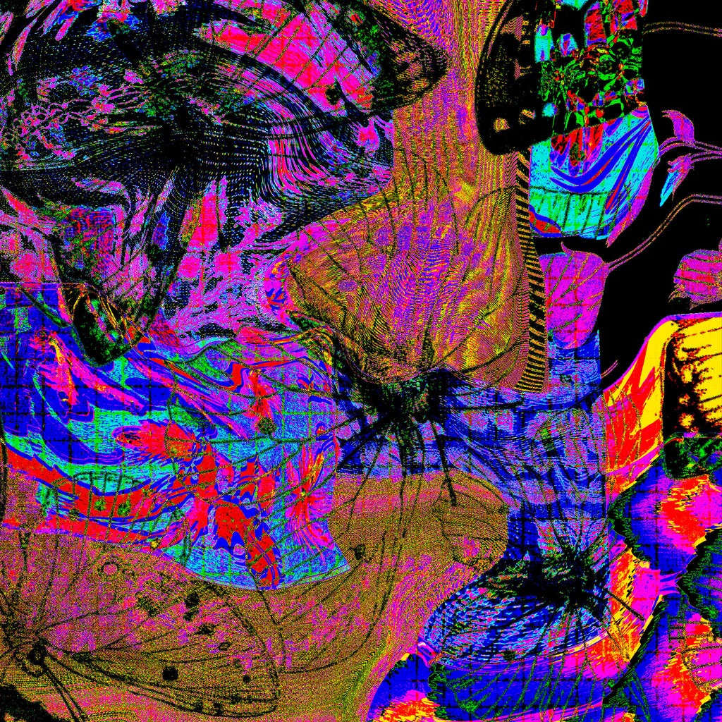 A highly abstract, multicolored digital artwork with swirling neon pink, blue, purple, yellow, orange, and black shapes and fine line patterns filling the entire frame.