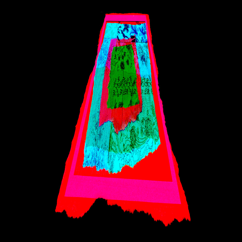 A highly stylized, abstract graphic of a vertical trapezoid or shield-like shape on a solid black background, featuring layered translucent bands of hot pink, cyan, green, and red with textured, sketch-like details.