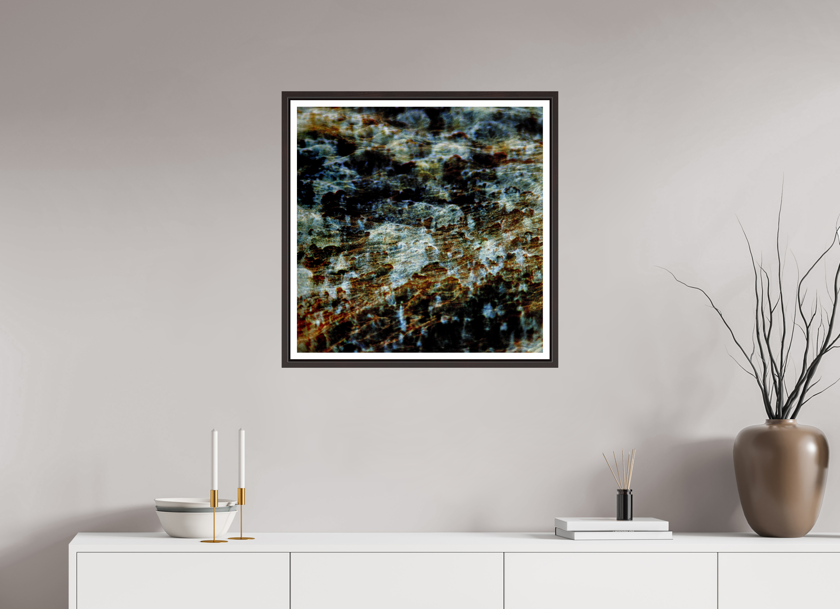 25 x 25″, Floater Frame (Alder Brown) Digital Snow