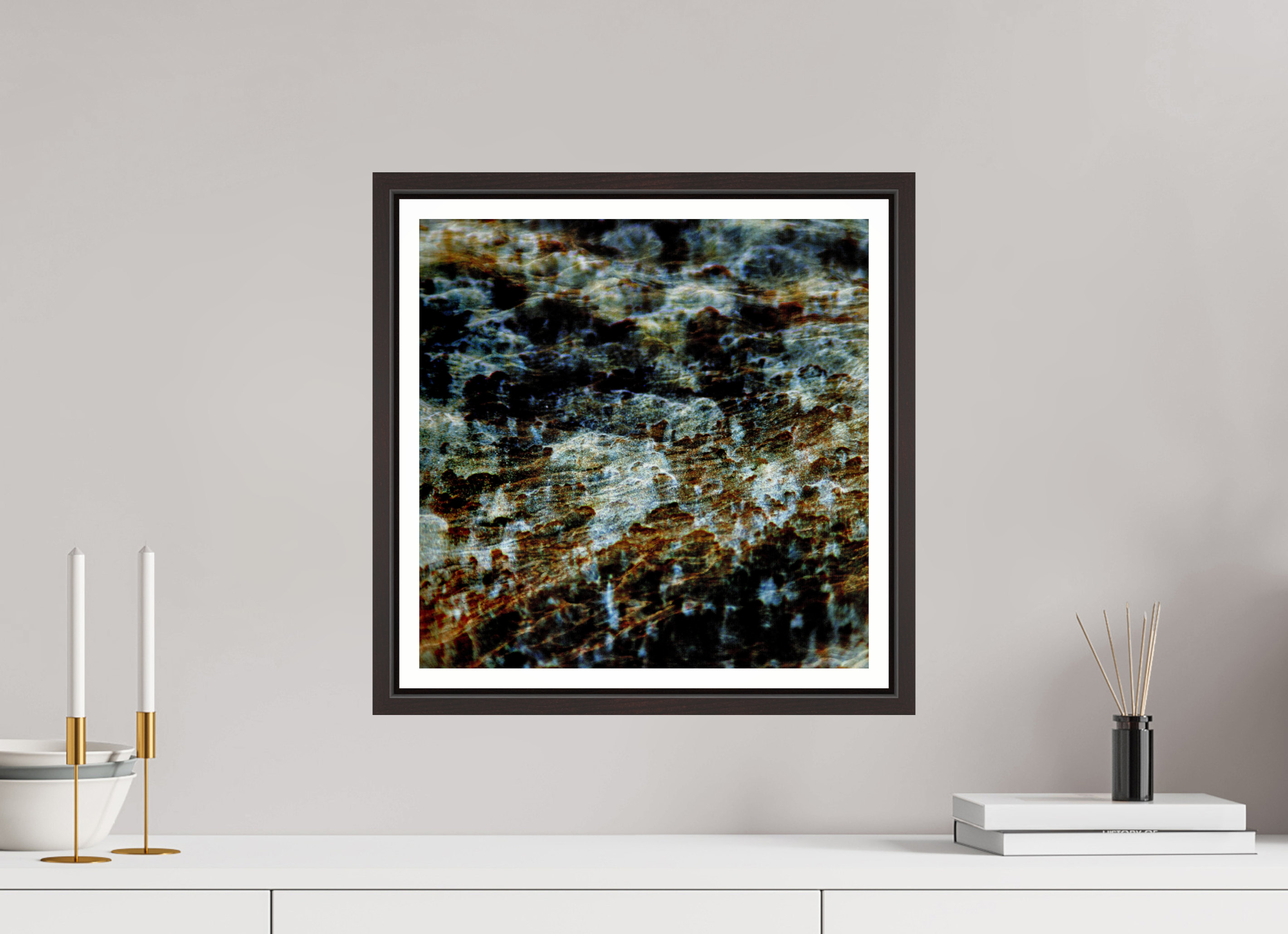 15 x 15″, Floater Frame (Alder Brown) snow