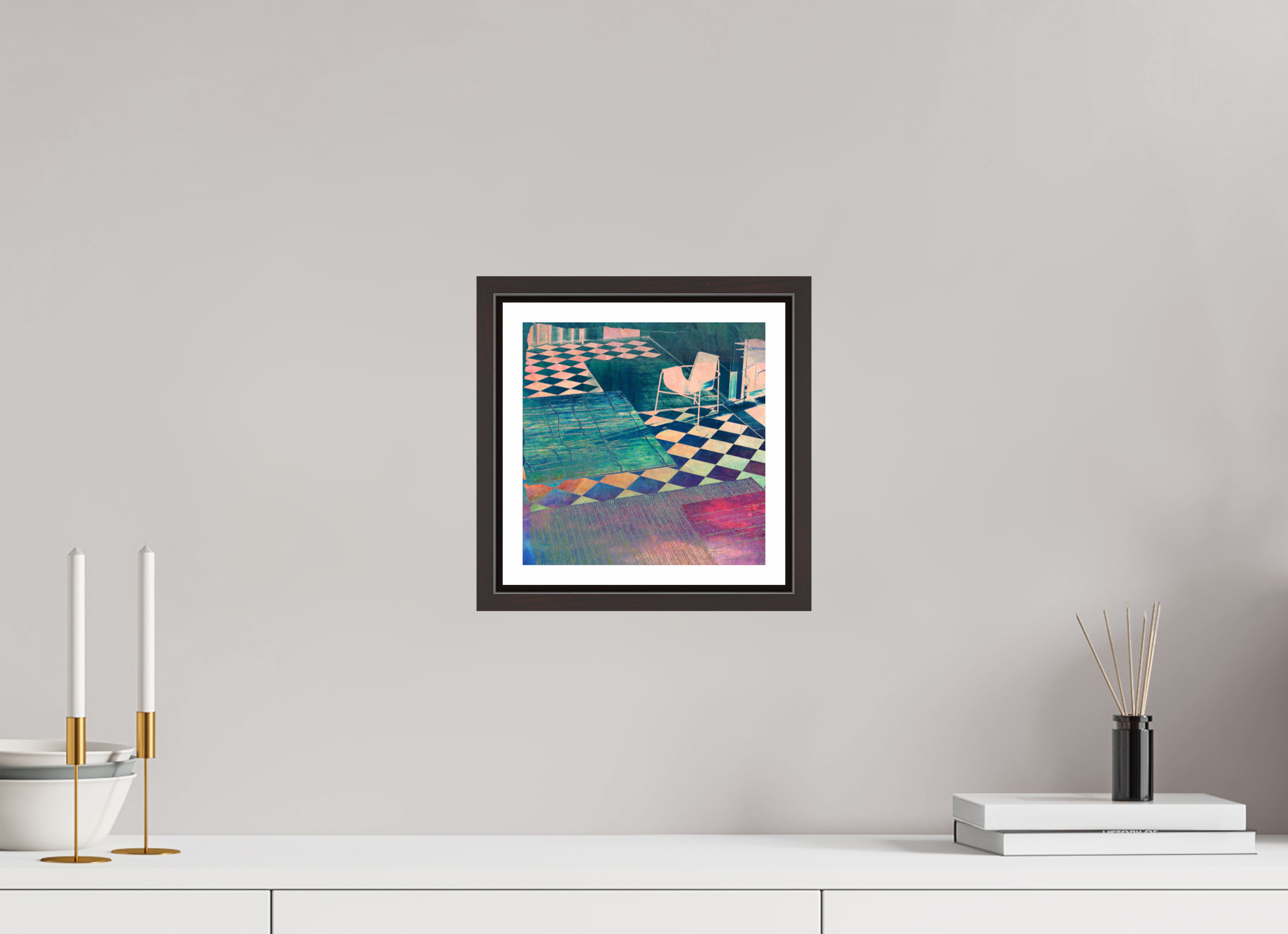 8 x 8″, Floater Frame (Alder Brown) Musical Chairs
