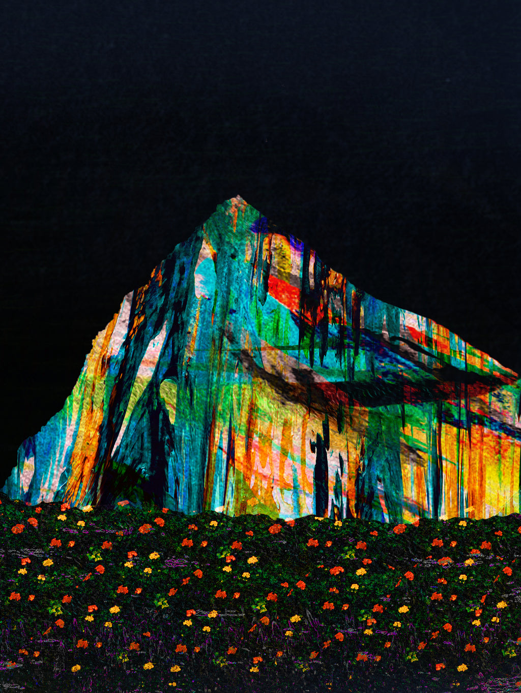 An abstract landscape-style artwork showing a dark mountain or cliff shape with vivid multicolored brushstrokes in blue, green, orange, yellow, and red, set against a black sky and above a field of small orange and yellow flowers.