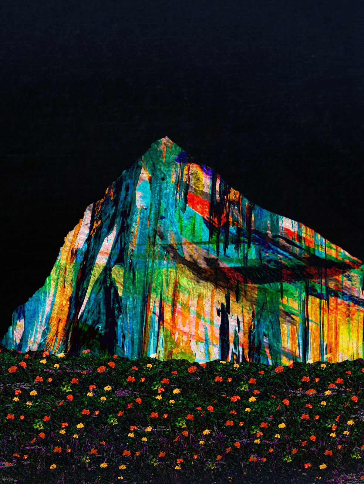 An abstract landscape-style artwork showing a dark mountain or cliff shape with vivid multicolored brushstrokes in blue, green, orange, yellow, and red, set against a black sky and above a field of small orange and yellow flowers.