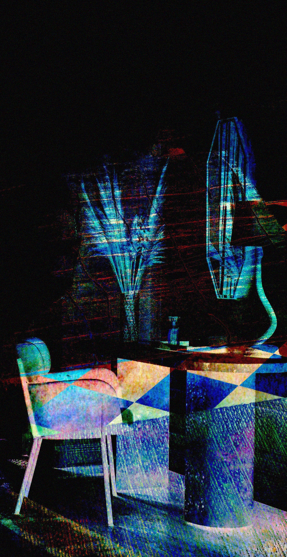 A dark, stylized interior scene with a chair and table under heavy blue, cyan, and red glitch-like digital distortion. No person or animal is visible, and the image reads as an abstracted artwork or edited scene rather than a standard product photo.