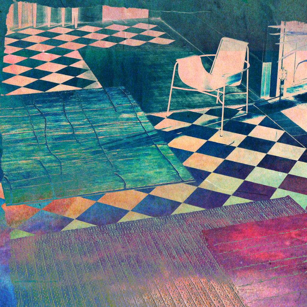 An abstract painting depicting a checkered room with a white chair, rendered in a textured, painterly style with teal, pink, blue, and black tones.
