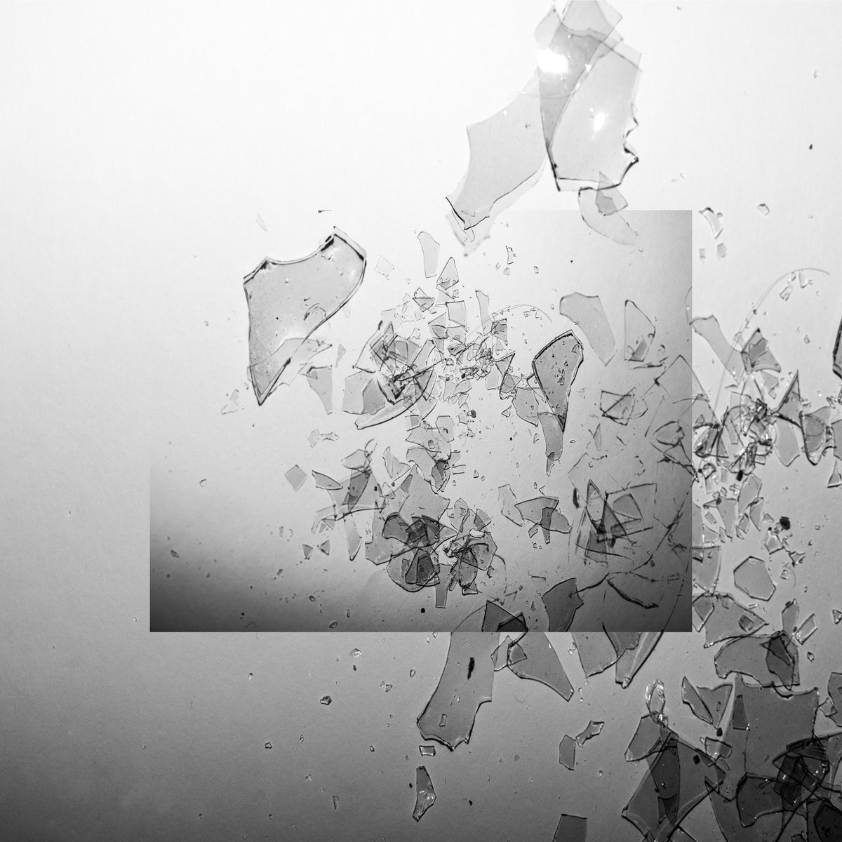 Abstract black and white photograph of shattered glass fragments scattered across a light gray background, with a translucent square overlay.