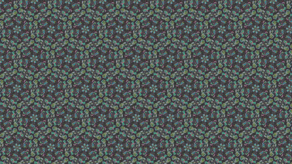 A seamless repeating pattern featuring small stylized floral motifs in light blue, olive green, and yellow on a dark charcoal gray background.