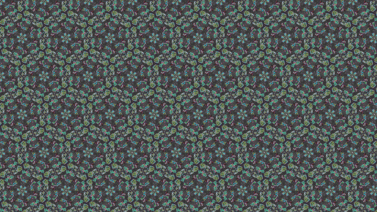 A seamless repeating pattern featuring small stylized floral motifs in light blue, olive green, and yellow on a dark charcoal gray background.