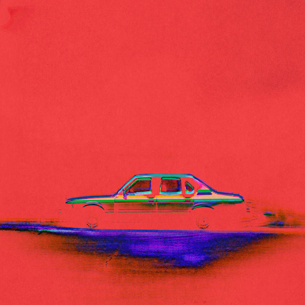 A stylized side view of a vintage car in bright multicolor neon tones against a vivid red background, with a dark blue-purple shadow beneath it.