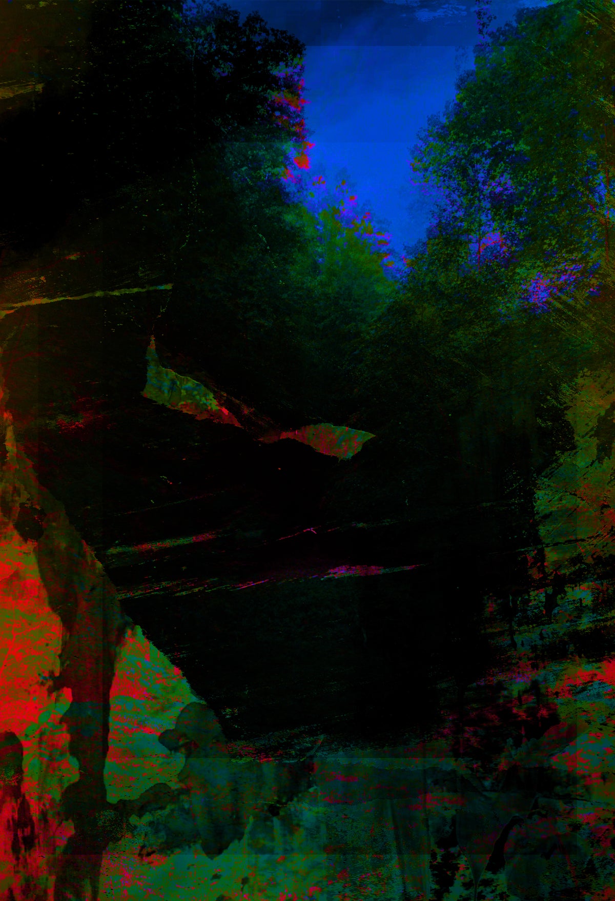 An abstract, highly stylized landscape-like artwork with dark green and black tree-like forms, a vivid blue sky area, and strong red and green color distortions across the composition.