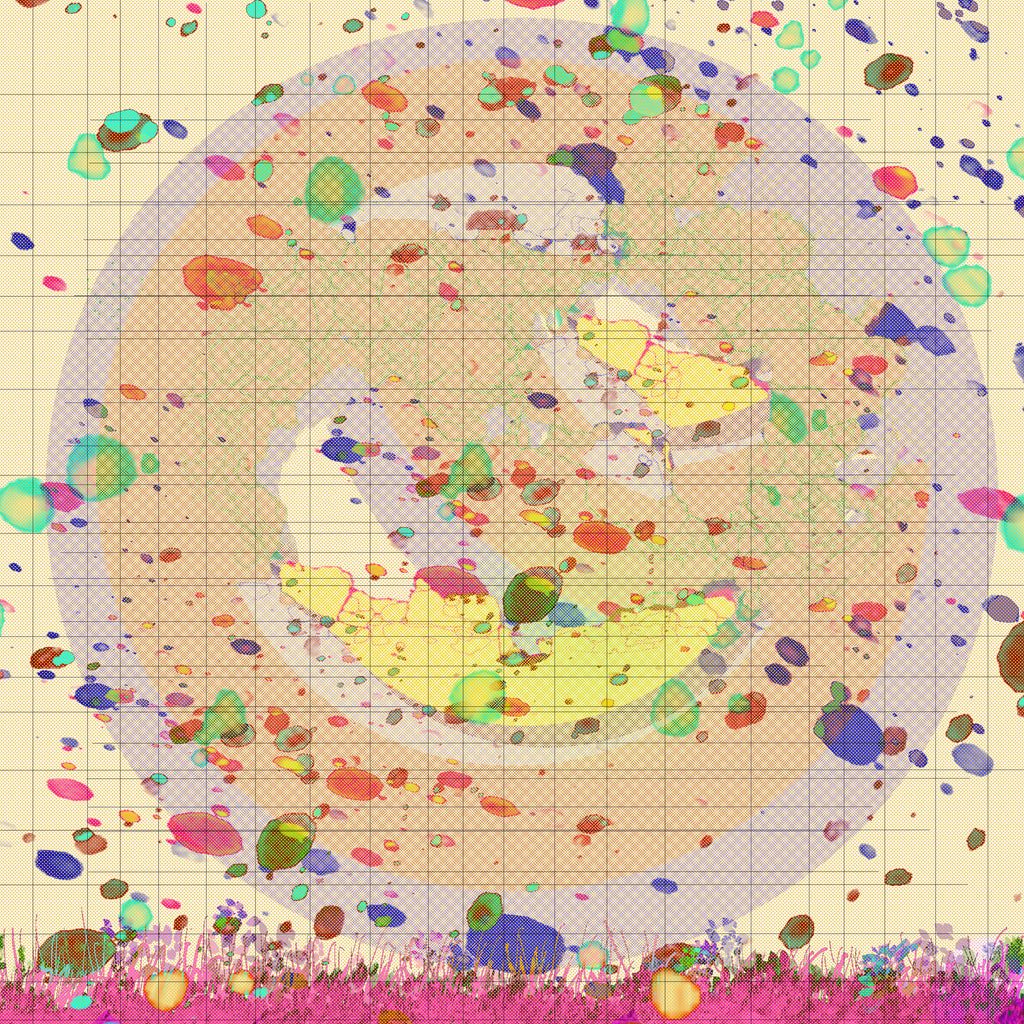 A square abstract art print featuring a central circular motif with a grid overlay, surrounded by colorful splatters and dots on a beige background, with a pink textured grass-like border at the bottom.