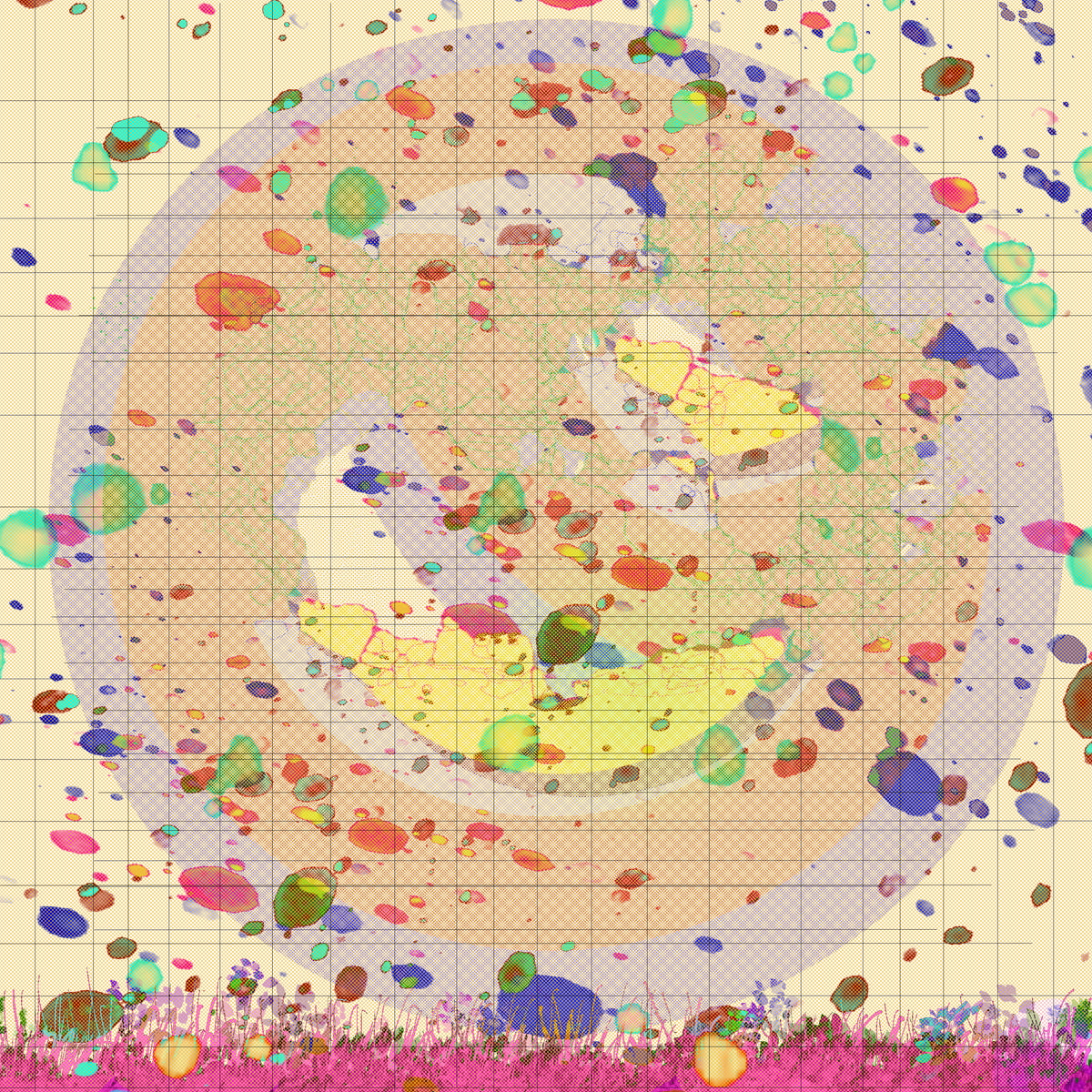 A square abstract art print featuring a central circular motif with a grid overlay, surrounded by colorful splatters and dots on a beige background, with a pink textured grass-like border at the bottom.