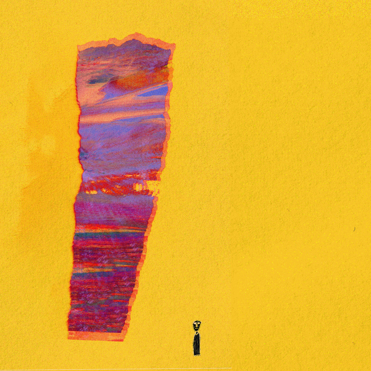 Abstract art print featuring a textured bright yellow background with a vertical torn-paper style panel in purple, blue, pink, and orange tones, plus a small black figure near the bottom right.