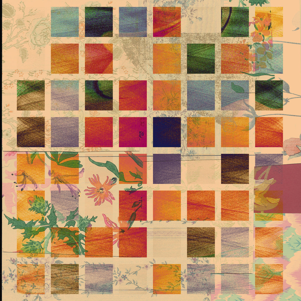 A square abstract artwork composed of a grid of textured color blocks and floral motifs on a warm beige background. The design features a mix of orange, red, green, blue, purple, and brown squares with botanical elements and a vintage map texture.