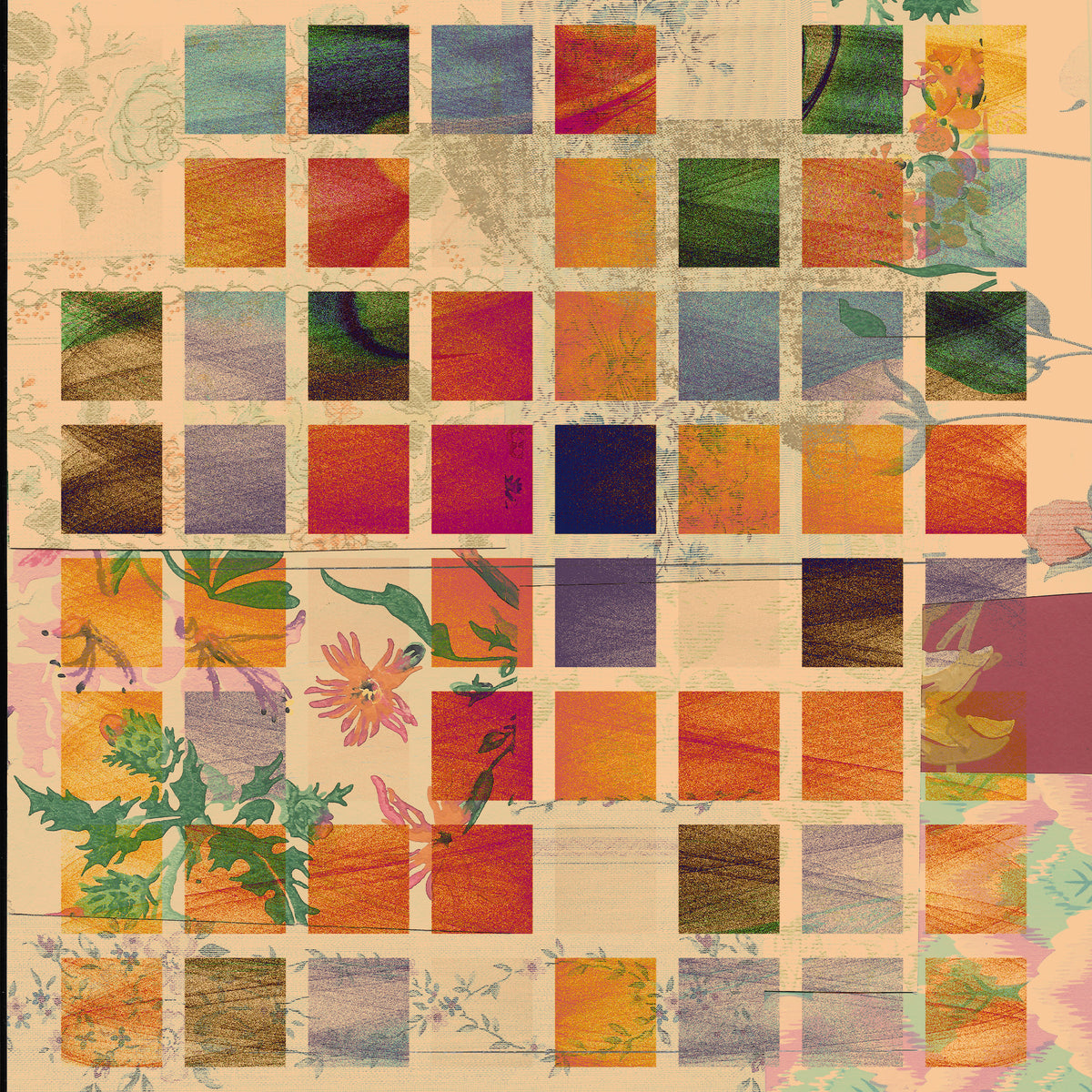 A square abstract artwork composed of a grid of textured color blocks and floral motifs on a warm beige background. The design features a mix of orange, red, green, blue, purple, and brown squares with botanical elements and a vintage map texture.