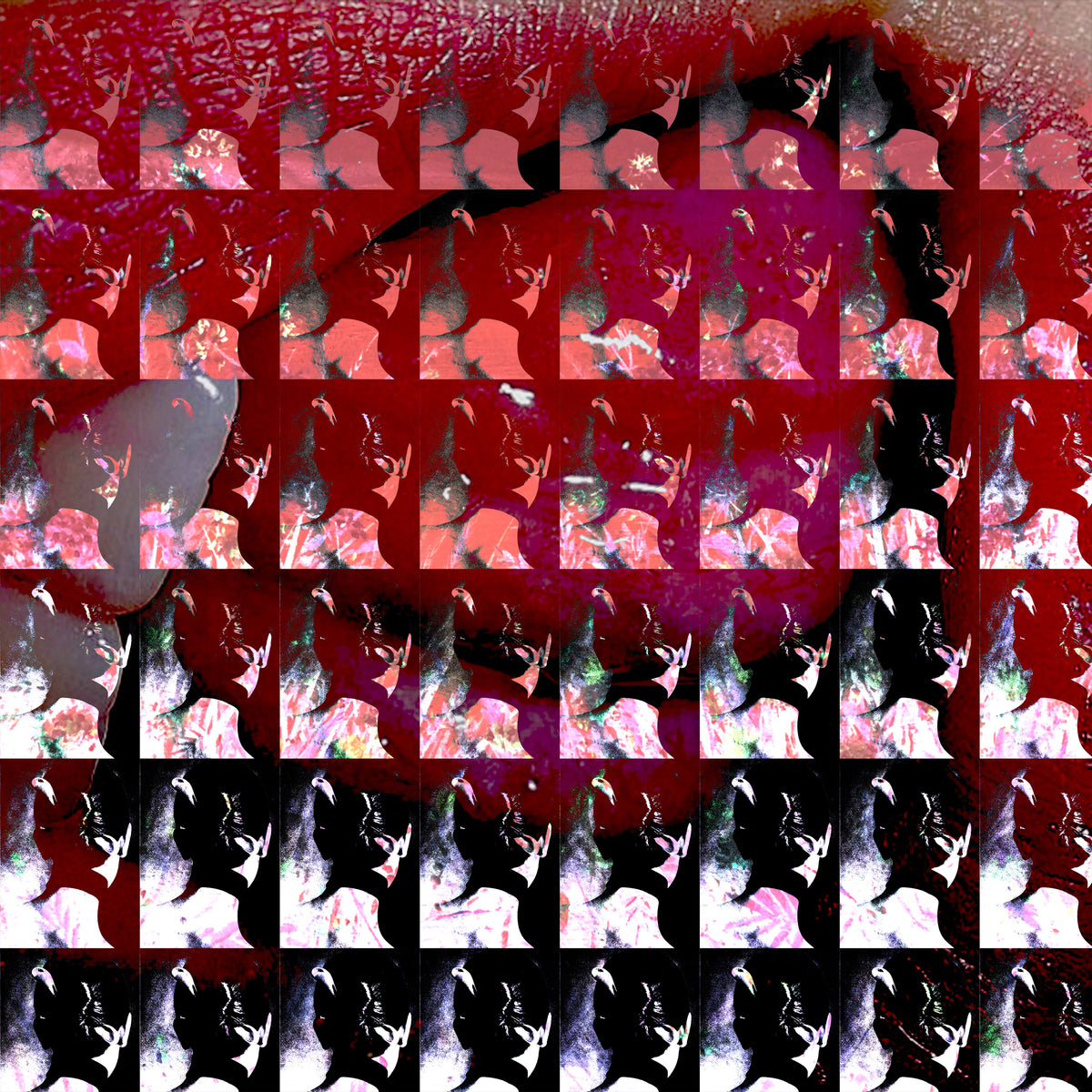A collage grid of many small square panels showing a stylized red, black, pink, and white abstract portrait or face motif repeated across the composition.