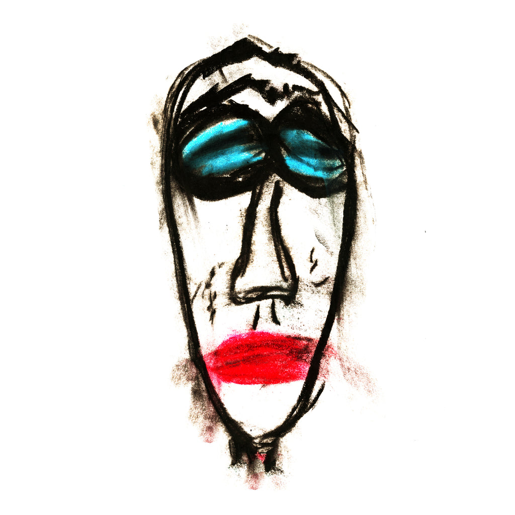 A stylized portrait drawing of a face with black hair and outlines, bright blue eyeshadow, a long nose, and bold red lips on a plain white background.