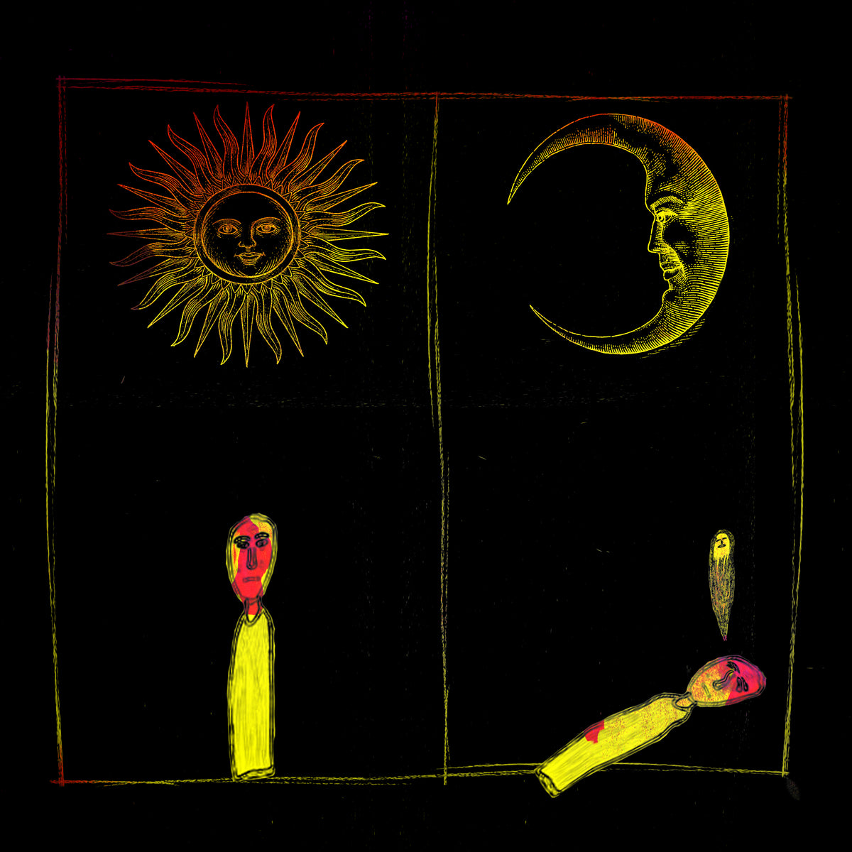 A surreal black square artwork divided into four quadrants, featuring a smiling sun in the top left, a crescent moon with a face in the top right, a small standing figure with a pink face and yellow body in the bottom left, and a horizontal body with a pink face and a small vertical figure above it in the bottom right.