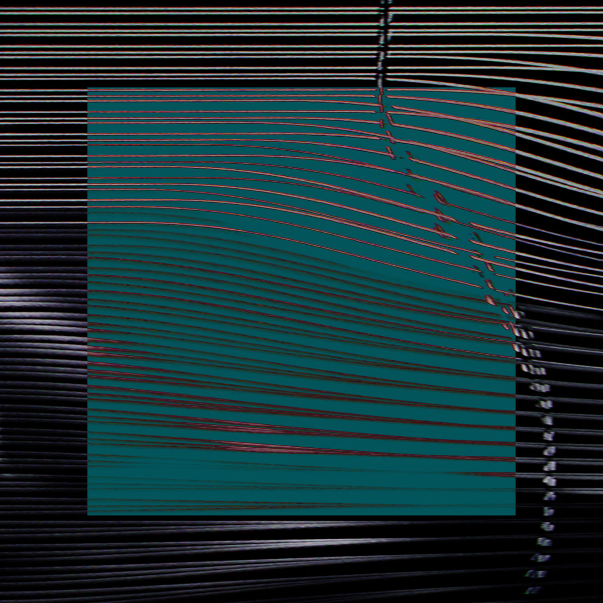 A square teal-green panel with a wavy pattern of thin red and dark lines, centered against a background of dense horizontal black and gray lines.