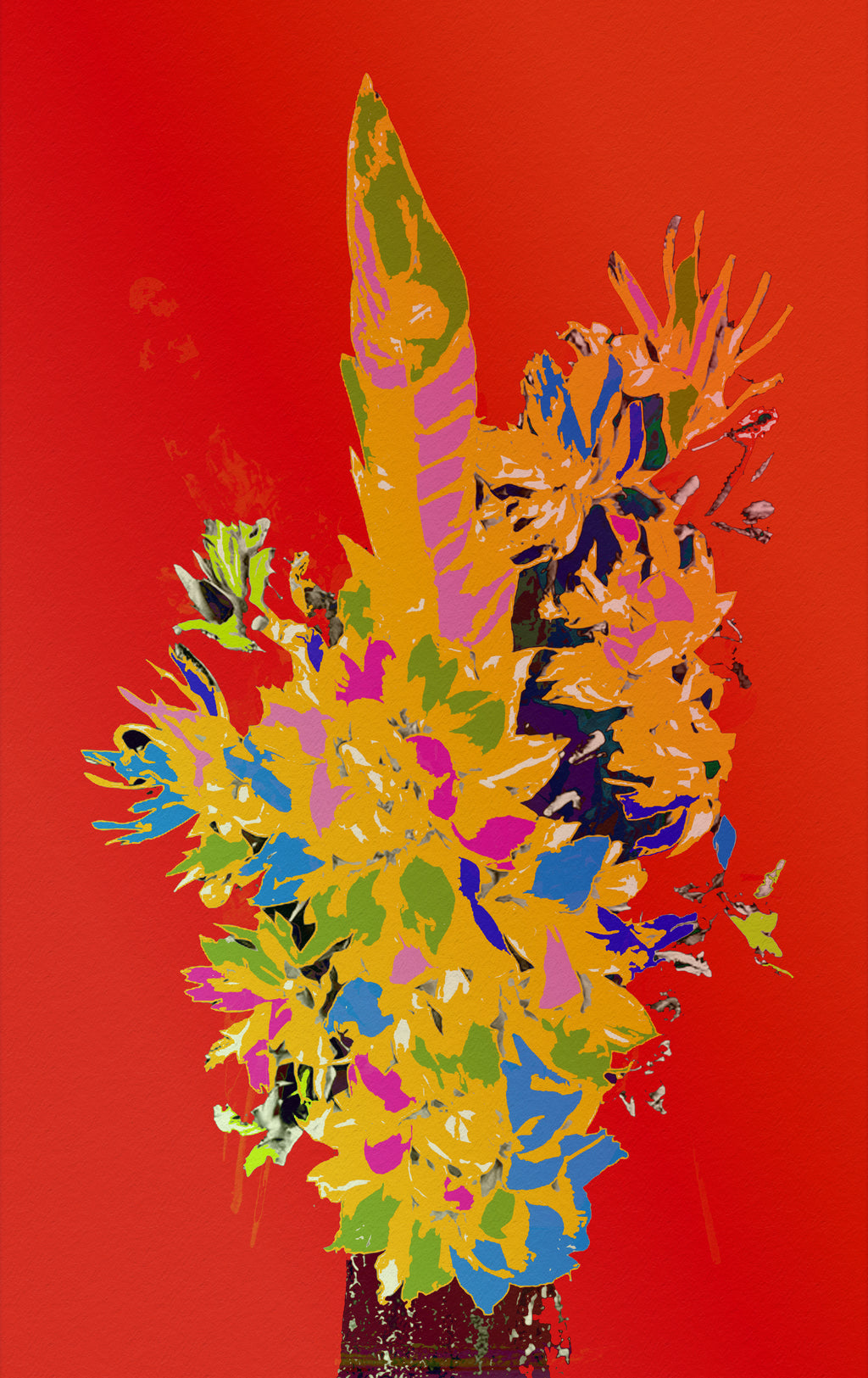 A vibrant pop-art style floral painting featuring a dense bouquet of yellow, orange, green, blue, and pink flowers on a solid red background.