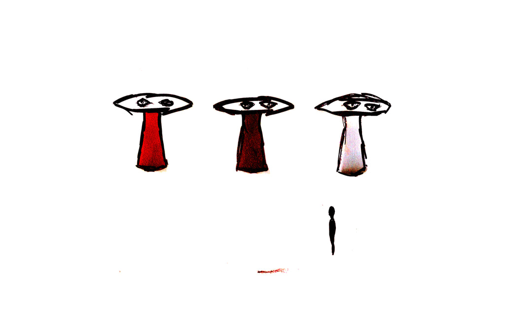 A minimalist line drawing on a white background showing three mushroom-like forms with eyes, two with red stems and one pale pinkish-red stem, plus a small black human figure below.